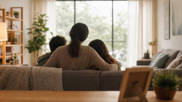 Adulta e duas crianças vistas de costas em uma sala acolhedora, representando vínculos familiares e proteção infantil, sem texto na imagem.